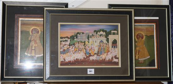 Indian School, three gouache, studies of noblemen and of a procession, largest 26 x 37cm